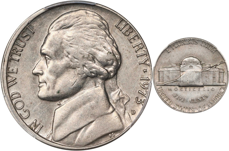 1973-D Jefferson Nickel. Split Die Reverse. AU-50 (PCGS).
From the Barry Hardin...