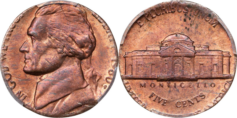 1980-P Jefferson Nickel. Struck on a Cent Planchet. MS-63 RB (PCGS).
3.11 grams...