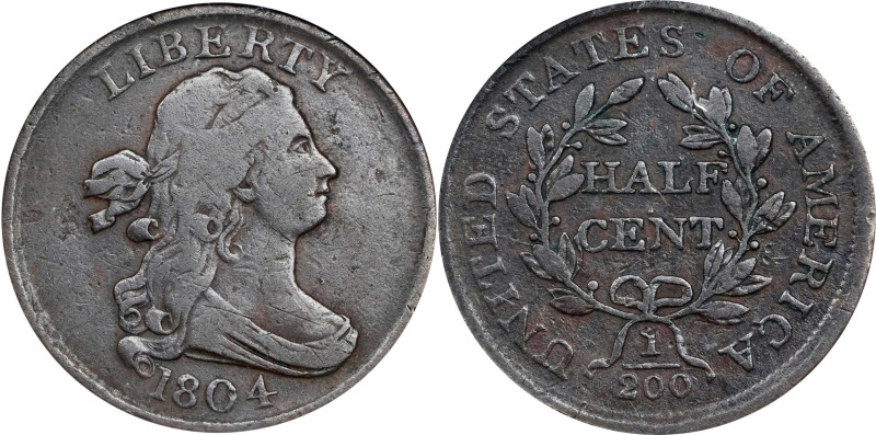 1804 Draped Bust Half Cent. C-13. Rarity-1. Plain 4, Stemless Wreath. VF-20 BN (...