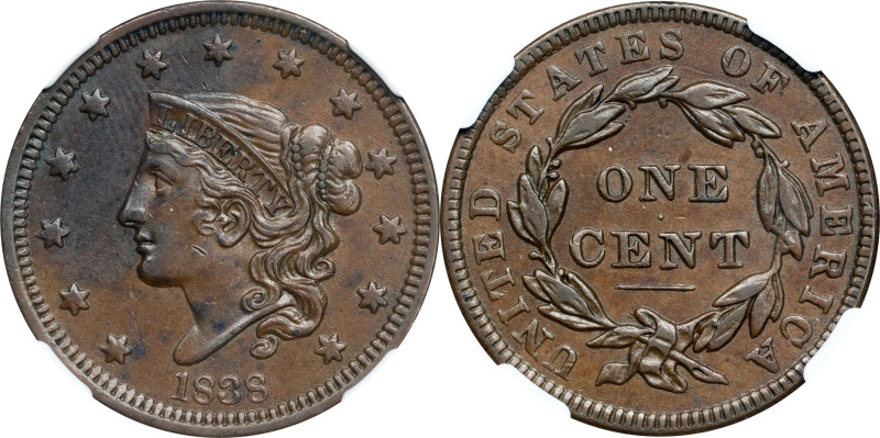 1838 Modified Matron Head Cent. N-11. Rarity-1. Head of 1838. AU-58 BN (NGC).
P...