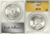 Lot of (2) Mint State 1885-Dated Morgan Silver Dollars. (ANACS).
Included are: 1885 MS-63; and 1885-O MS-62.