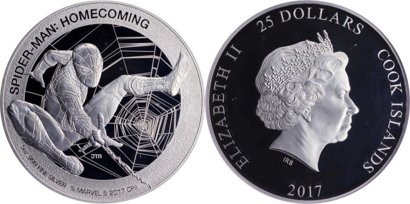 COOK ISLANDS. 2017 Spider-Man: Homecoming 25 Dollars. Silver. First Releases. Pr...