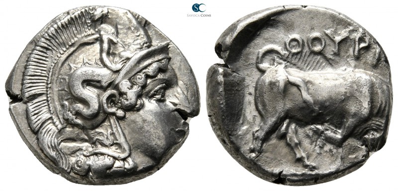 Lucania. Thourioi 400-350 BC. 
Stater AR

20 mm., 7,92 g.

Head of Athena r...