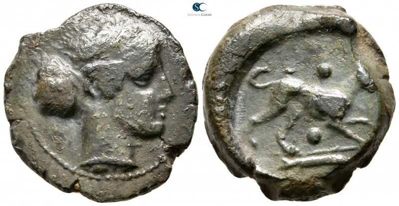 Sicily. Segesta 400-390 BC. 
Hexas Æ

18 mm., 6,30 g.

Head of nymph right ...