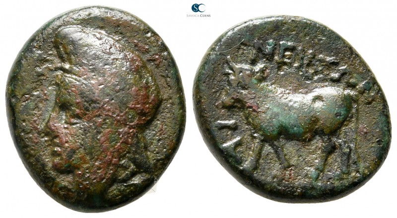 Macedon. Aeneia 400-350 BC. 
Dichalkon Æ

16 mm., 3,78 g.

Head of Aeneias ...