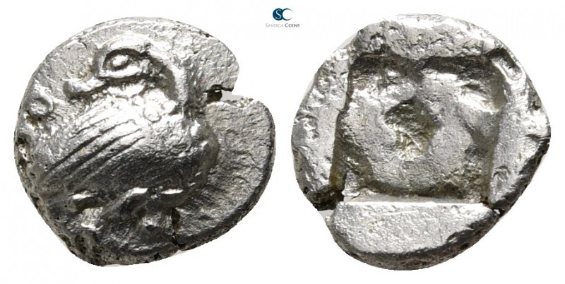 Macedon. Eion 480-470 BC. 
Diobol AR

10 mm., 0,69 g.

Goose standing right...