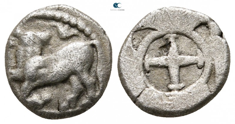 Macedon. Ichnae circa 500 BC. 
Obol AR

10 mm., 0,98 g.

Bull kneeling left...