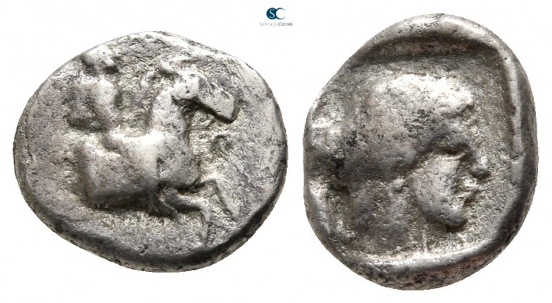 Macedon. Potidaea circa 450-432 BC. 
Diobol AR

11 mm., 1,14 g.

Horseman r...