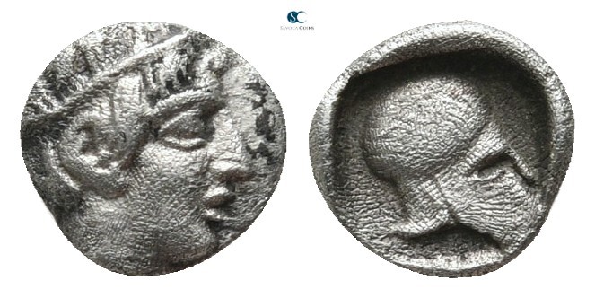Macedon. Skione 470-454 BC. 
Hemiobol AR

6 mm., 0,24 g.

Head of Apollo wi...