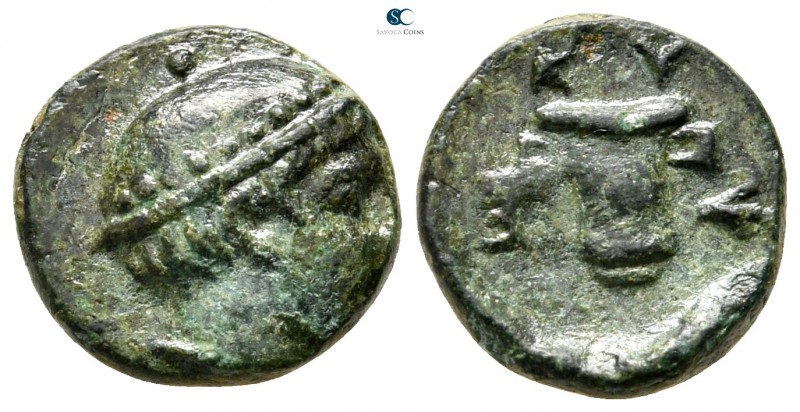 Thrace. Cypsela 420-380 BC. 
Bronze Æ

12 mm., 1,45 g.

Head of Hermes with...