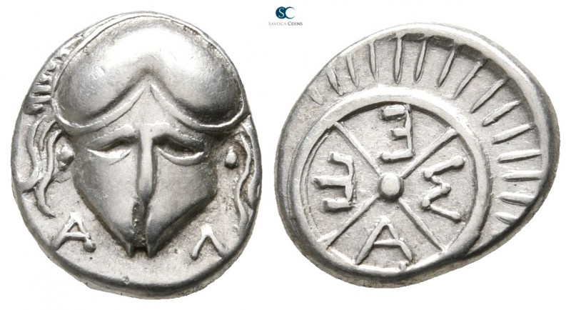 Thrace. Mesembria circa 450-350 BC. 
Diobol AR

11 mm., 1,23 g.

A-Λ, crest...