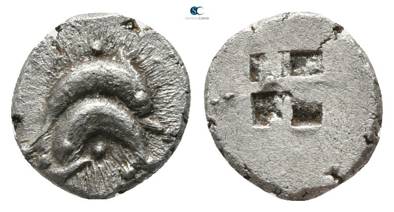 Islands off Thrace. Thasos 500-480 BC. 
Obol AR

8 mm., 0,59 g.

Two dolphi...