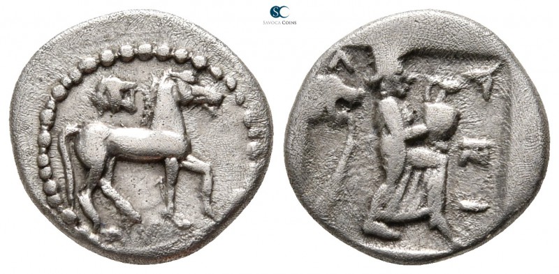 Thessaly. Larissa 460-400 BC. 
Obol AR

12 mm., 1,04 g.

Horse trotting rig...