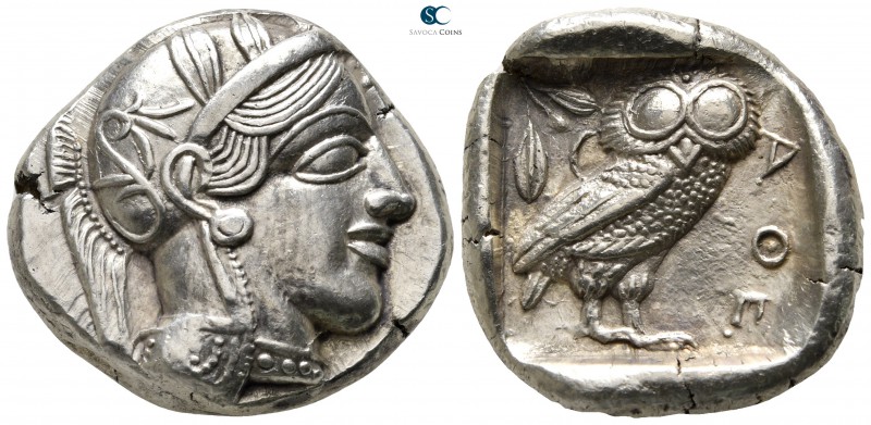 Attica. Athens 454-404 BC. 
Tetradrachm AR

25 mm., 17,21 g.

Head of Athen...