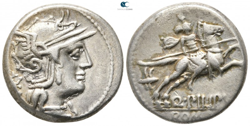 Q. Philippus 129 BC. Rome
Denarius AR

17 mm., 3,83 g.

Helmeted head of Ro...