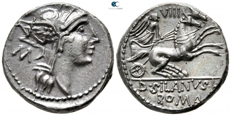 D. Silanus L. F. 91 BC. Rome
Denarius AR

17 mm., 4,08 g.

Helmeted head of...