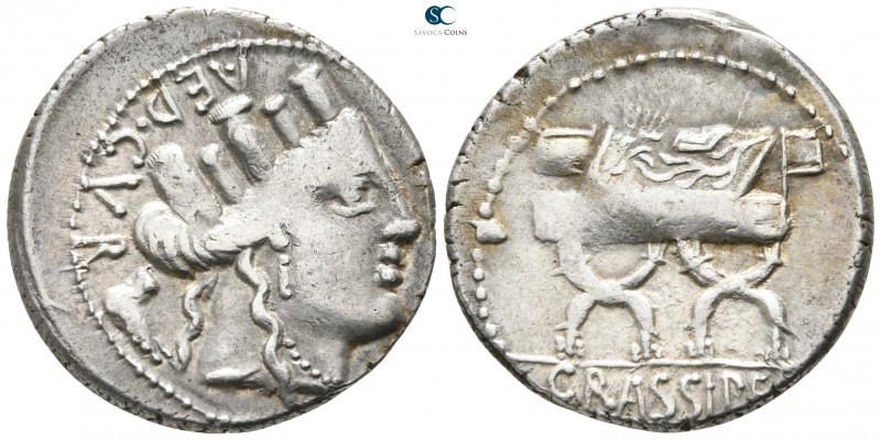 P. Furius Crassipes 84 BC. Rome
Denarius AR

20 mm., 4,19 g.

Turreted head...