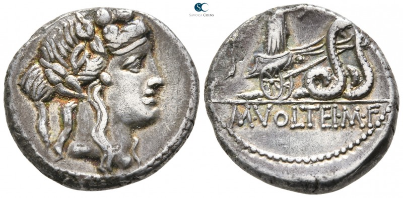 M. Volteius M. f. 75 BC. Rome
Denarius AR

17 mm., 3,66 g.

Wreathed head o...