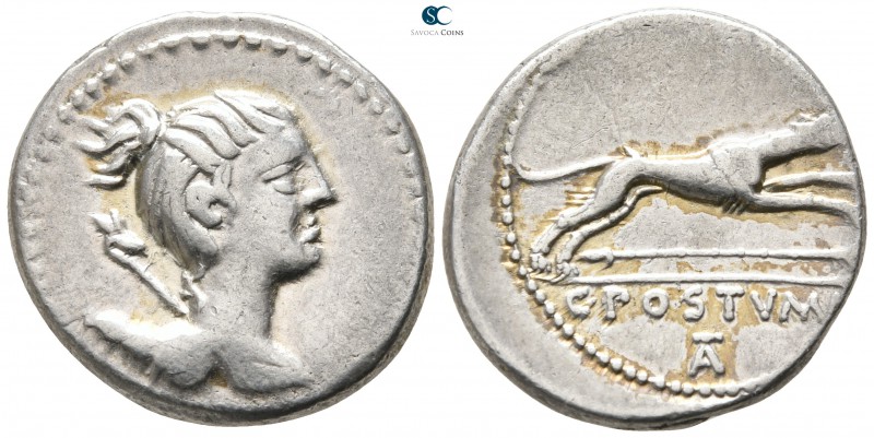 C. Postumius 73 BC. Rome
Denarius AR

18 mm., 4,03 g.

Draped bust of Diana...
