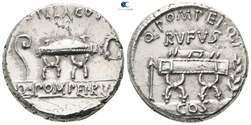 Q. Pompeius Rufus 54 BC. Rome
Denarius AR

17 mm., 4,13 g.

Curule chair fl...