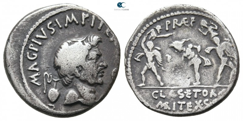 Sextus Pompey Magnus 43-36 BC. Uncertain mint in Sicily
Denarius AR

18 mm., ...