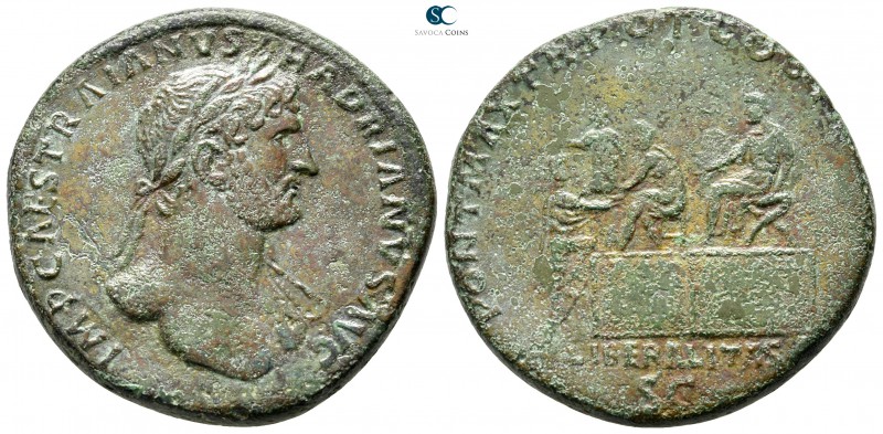 Hadrian AD 117-138. Rome
Sestertius Æ

34 mm., 25,53 g.

IMP CAESAR TRAIANV...