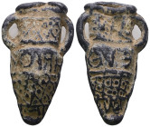 Weight 17,15 gr - Diameter 38 mm. Pilgrim's Holy Water Ampulla with inscription on, 10th-14th century AD. A lead-alloy ampulla with tapering body, fla...