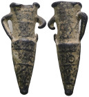 Weight 15,74 gr - Diameter 40 mm. Pilgrim's Holy Water Ampulla with inscription on, 10th-14th century AD. A lead-alloy ampulla with tapering body, fla...