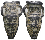 Weight 21,44 gr - Diameter 36 mm. Pilgrim's Holy Water Ampulla with inscription on, 10th-14th century AD. A lead-alloy ampulla with tapering body, fla...