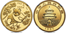 People's Republic gold "Panda" 100 Yuan (1 oz) 1992 MS68 NGC, KM395, PAN-168B. Small Date variety. A covetable, near-perfect example from this beloved...