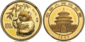 People's Republic gold "Panda" 100 Yuan (1 oz) 1995 MS67 NGC, Shenyang mint, KM719, PAN-235B. Small Date variety. A rather beautiful emission from the...