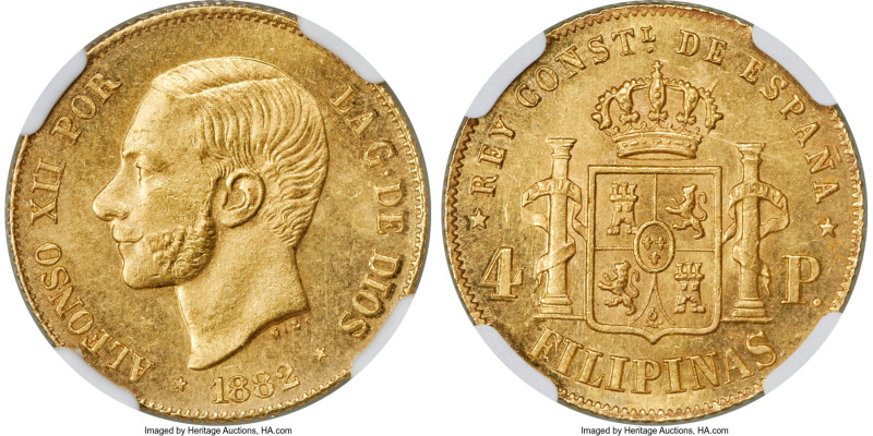 Spanish Colony. Alfonso XII gold 4 Pesos 1882 MS65 NGC, KM151. A highly impressi...