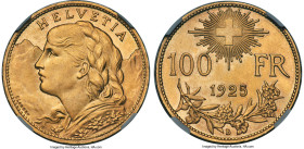 Confederation gold 100 Francs 1925-B MS65+ NGC, Bern mint, KM39, Fr-502, HMZ-21193a. Mintage: 5,000. This elevated, key-date Gem is adorned with immen...