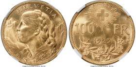 Confederation gold 100 Francs 1925-B MS64 NGC, Bern mint, KM39, HMZ-21193a. Near Gem Mint State, blooming with original color and luster. Displaying r...