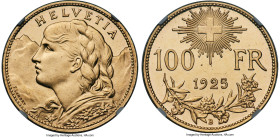 Confederation gold 100 Francs 1925-B MS63 Prooflike NGC, Bern mint, KM39, Fr-502, HMZ-2-1193a. Mintage: 5,000. An icon of the modern Swiss series, who...