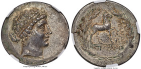 AEOLIS. Cyme. Ca. 165-155 BC. AR tetradrachm (31mm, 16.68 gm, 11h). NGC Choice AU 5/5 - 4/5. Metrophanes, magistrate. Head of the Amazon Cyme right, h...