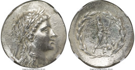 AEOLIS. Myrina. Ca. mid-2nd century BC. AR tetradrachm (33mm, 16.38 gm, 11h). NGC Choice AU 4/5 - 3/5. Laureate head of Apollo right / MYPINAIΩN, Apol...