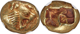 LYDIAN KINGDOM. Alyattes or Walwet (ca. 610-546 BC). EL third-stater or trite (13mm, 4.70 gm). NGC Choice VF 5/5 - 5/5. Lydo-Milesian standard, Sardes...