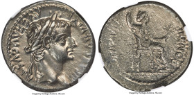 Tiberius (AD 14-37). AR denarius (19mm, 3.64 gm, 11h). NGC Choice AU 5/5 - 2/5. Lugdunum, ca. AD 14-17. TI CAESAR DIVI-AVG F AVGVSTVS, laureate head o...