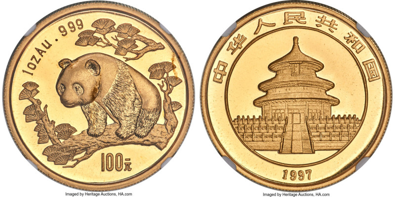 People's Republic gold "Panda - Small Date" 100 Yuan (1 oz) 1997 MS70 NGC, KM991...