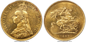 Victoria gold 5 Pounds 1887 MS62 PCGS, KM769, S-3864. This stunning specimen is a frequently seen type, yet it stands out due to a touch Prooflike app...