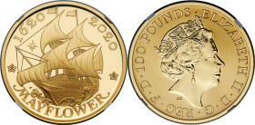 Elizabeth II gold Proof "Mayflower 400th Anniversary" 100 Pounds (1 oz) 2020 PR70 Ultra Cameo NGC, KM-Unl. Mintage: 500. 5th coin struck. Accompanied ...