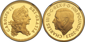 Charles III gold Proof "King Charles II" 100 Pounds (1 oz) 2023 PR70 Ultra Cameo NGC, S-Unl. Mintage: 261. British Monarchs series. One of first 100 S...