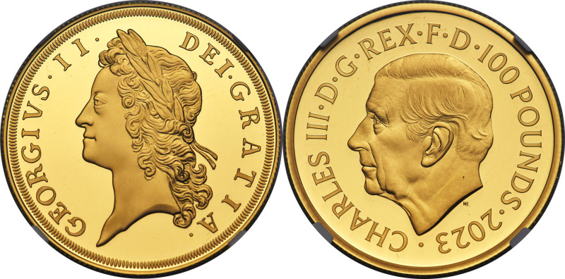 Charles III gold Proof "King George II" 100 Pounds (1 oz) 2023 PR70 Ultra Cameo ...