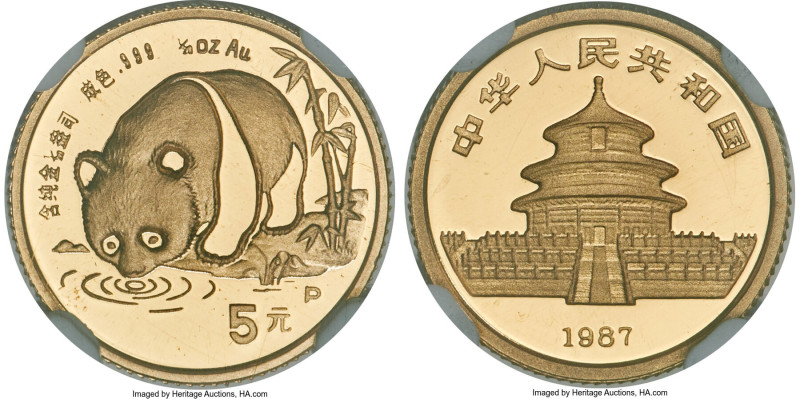 People's Republic Pair of Certified gold "Panda" 5 Yuan (1/20 oz) 1987 NGC, 1) g...