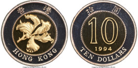 British Colony. Elizabeth II bi-metallic gold & silver Proof "Bauhinia Flower" 10 Dollars 1994 PR69 Ultra Cameo NGC, KM70a. HID09801242017 © 2024 Heri...
