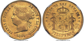 Spanish Colony. Isabel II gold 4 Pesos 1861/51 AU55 NGC, Manila mint, cf. KM144 (overdate unlisted), Cal-852 (same). The first year for the type, and ...