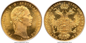 Franz Joseph I gold Ducat 1854-A MS67 PCGS, Vienna mint, KM2263. The single-finest evaluation at either certification company by two whole grade point...