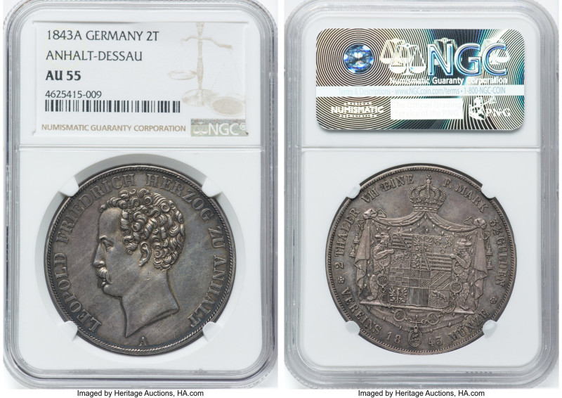 Anhalt-Dessau. Leopold Friedrich 2 Taler 1843-A AU55 NGC, Berlin mint, KM13. The...