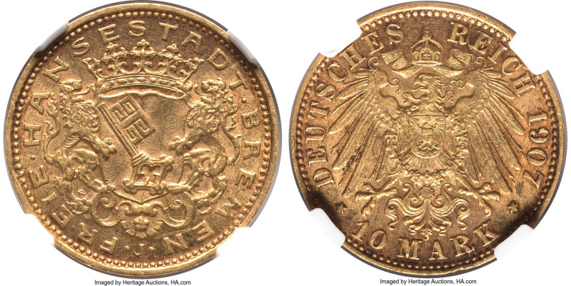 Bremen. Free City gold 10 Mark 1907-J MS64 NGC, Hamburg mint, KM253, J-204. Cele...